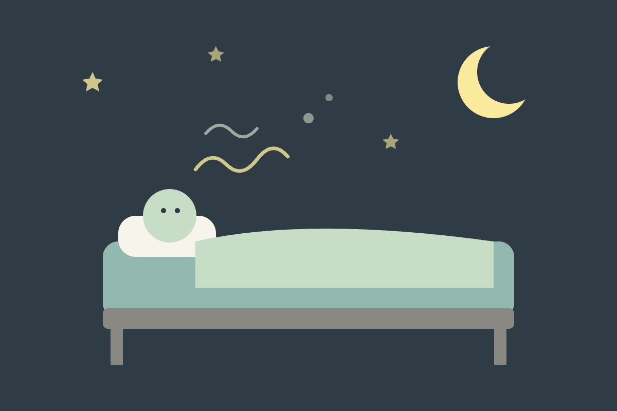 ansiedad por la noche, persona despierta en la cama con la luna, ilustración